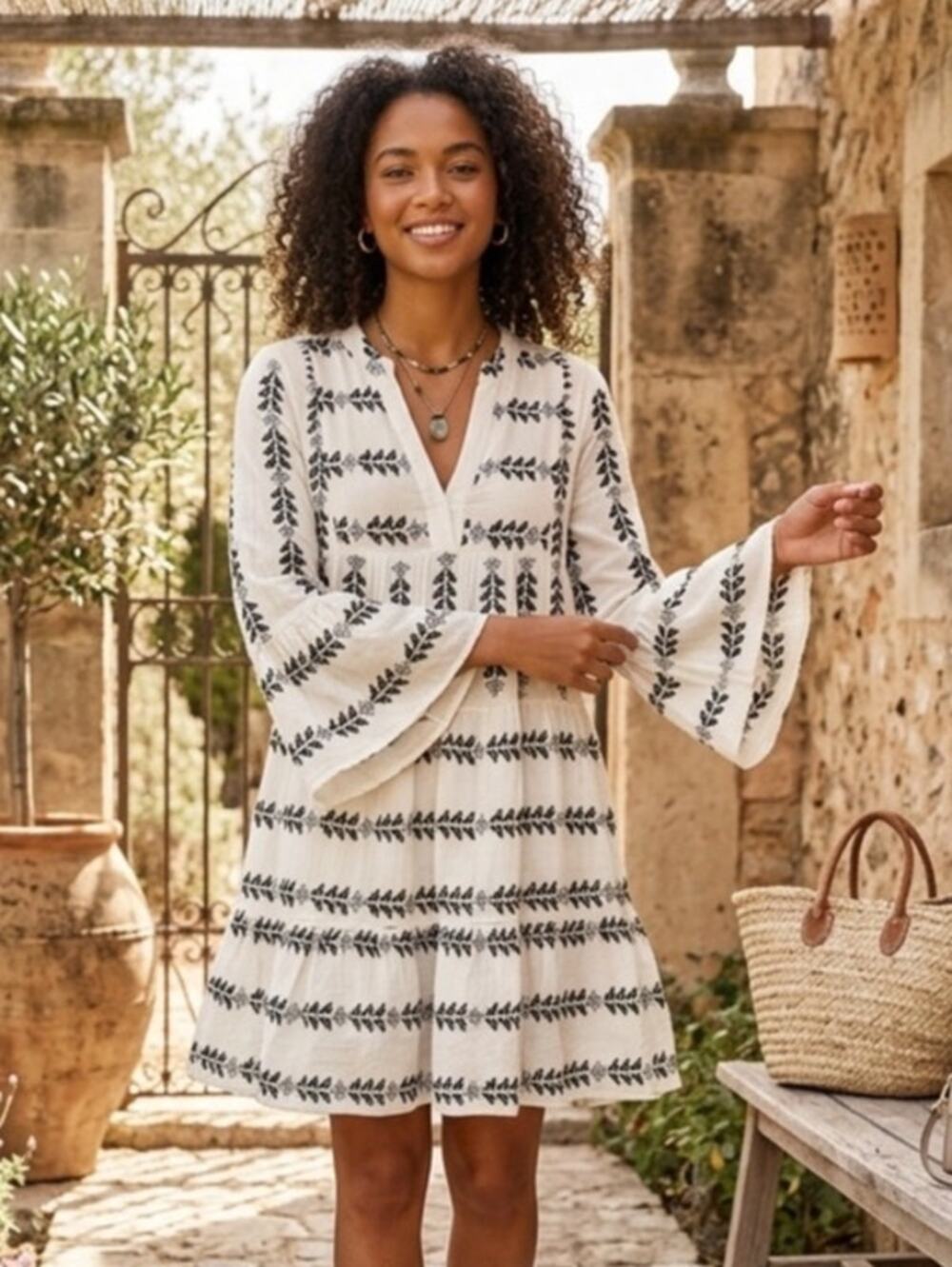 Elan Boho Aztec-Inspired Woven Tiered Ruffle Tunic Dress in Black and White